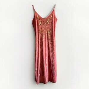 Vintage Royal Crown Fashion Coral Sequins Flapper Dress Art Deco 1920s Size XL